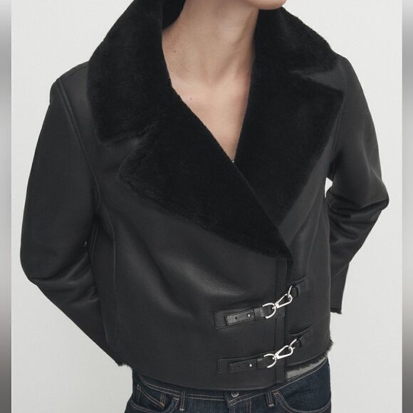 NWT Massimo Dutti | Leather mouton jacket with furskin detail - Picture 3 of 14